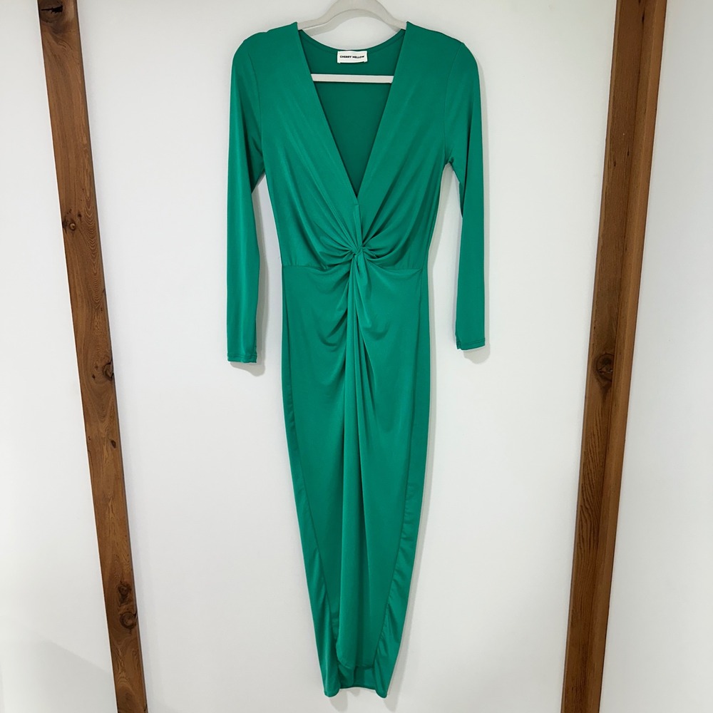 Cherry Mellow Maxi Dress Twist Front V-Neck Green Long Sleeve Stretch Bodycon L‎
